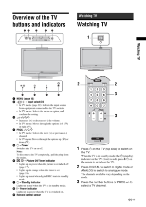 Page 1111
 GB
Overview of the TV 
buttons and indicators1MENU (page 15)
2/  – Input select/OK
 In TV mode (page 22): Selects the input source 
from equipment connected to the TV sockets.
 In TV menu: Selects the menu or option, and 
confirm the setting.
32 +/-/
G/g
 Increases (+) or decreases (-) the volume.
 In TV menu: Moves through the options left (
G) 
or right (
g).
4PROG +/-/
F/f
 In TV mode: Selects the next (+) or previous (-) 
channel.
 In TV menu: Moves through the options up (
F) or 
down (
f).
51 –...