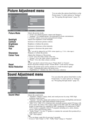 Page 1616
 GBPicture Adjustment menuSound Adjustment menu
You can select the options listed below on the 
Picture menu. To select options in “Settings”, 
see “Navigating through menus” (page 15).
Picture Mode
Selects the picture mode. “Vivid”: For enhanced picture contrast and sharpness.
 “Standard”: For standard picture. Recommended for home entertainment.
 “Custom”: Allows you to store your preferred settings.
Backlight
Adjusts the brightness of the backlight.
Contrast
Increases or decreases picture...