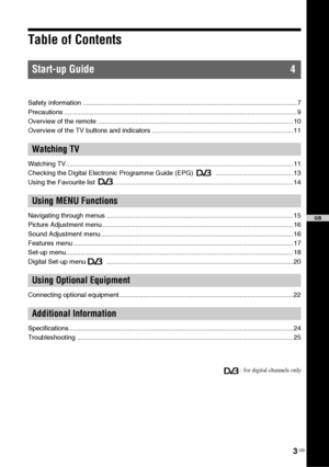 Page 33 GB
Table of ContentsStart-up Guide 4Safety information ..................................................................................................................... 7
Precautions ............................................................................................................................... 9
Overview of the remote ........................................................................................................... 10
Overview of the TV buttons and indicators...