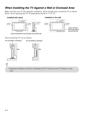 Page 1414 When Installing the TV Against a Wall or Enclosed Area
Make sure that your TV has adequate ventilation. Allow enough space around the TV as shown 
below. Avoid operating the TV at temperatures below 41 °F (5 °C).
(30 cm) 117/8 inches
(6 cm)            inches
4 inches
(10 cm)4 inches
(10 cm)23/8 
Leave at least this much space around the set.
Installed with stand
inches 117/8 
4 inches
(10 cm) 4 inches
(10 cm)
4 inches (10 cm)
(30 cm)
Installed on the wall
Leave at least 
this much space 
around the...