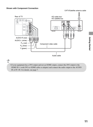 Page 1111
Getting Started
Shown with Component Connection
Rear of TVCATV/Satellite antenna cable
AUDIO-R (red)
AUDIO-L (white)
Component video cable
Audio cable P
R (red)
P
B (blue)
Y (green)HD cable box/
HD satellite box
 If your equipment has a DVI output and not an HDMI output, connect the DVI output to the 
HDMI IN 1 (with DVI-to-HDMI cable or adapter) and connect the audio output to the AUDIO 
IN of PC IN. For details, see page 7.
 