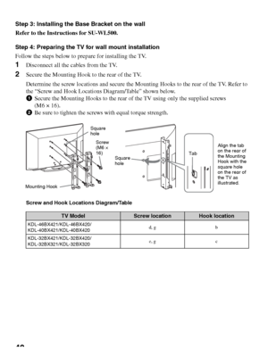 Page 4848
Step 3: Installing the Base Bracket on the wall
Refer to the Instructions for SU-WL500.
Step 4: Preparing the TV for wall mount installation
Follow the steps below to prepare for installing the TV.
1Disconnect all the cables from the TV.
2Secure the Mounting Hook to the rear of the TV.
Determine the screw locations and secure the Mounting Hooks to the rear of the TV. Refer to 
the “Screw and Hook Locations Diagram/Table” shown below.
1Secure the Mounting Hooks to the rear of the TV using only the...