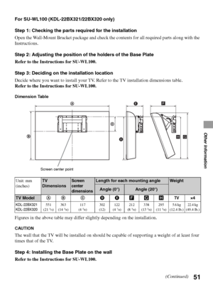 Page 5151
Other Information
For SU-WL100 (KDL-22BX321/22BX320 only)
Step 1: Checking the parts required for the installation
Open the Wall-Mount Bracket package and check the contents for all required parts along with the 
Instructions.
Step 2: Adjusting the position of the holders of the Base Plate
Refer to the Instructions for SU-WL100.
Step 3: Deciding on the installation location
Decide where you want to install your TV. Refer to the TV installation dimensions table.
Refer to the Instructions for SU-WL100....