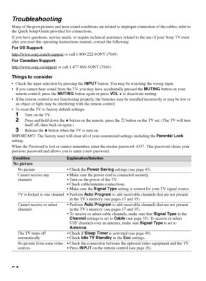 Page 5454 Troubleshooting
Many of the poor pictures and poor sound conditions are related to improper connection of the cables; refer to 
the Quick Setup Guide provided for connections. 
If you have questions, service needs, or require technical assistance related to the use of your Sony TV even 
after you read this operating instructions manual, contact the following:
For US Support:
http://www.sony.com/tvsupport
 or call 1-800-222-SONY (7669)
For Canadian Support:
http://www.sony.ca/support
 or call...