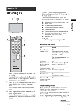 Page 1111 GB
Watching TV
Watching TV
1Press 1 on the top edge of the TV to turn 
on the TV.
When the TV is in standby mode (the 1 (standby) 
indicator on the TV front panel is red), press "/1 
on the remote to turn on the TV.
2Press DIGITAL to switch to digital mode, or 
press ANALOG to switch to analogue 
mode.
The channels available vary depending on the 
mode.
3Press the number buttons or PROG +/- to 
select a TV channel.
To select channel numbers 10 and above using the 
number buttons, enter the second...