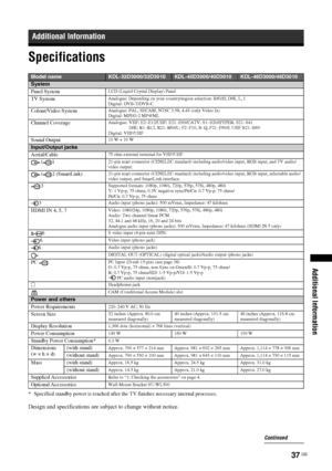 Page 3737 GB
Additional Information
Specifications
* Specified standby power is reached after the TV finishes necessary internal processes.
Design and specifications are subject to change without notice.
Additional Information
Model nameKDL-32D3000/32D3010KDL-40D3000/40D3010KDL-46D3000/46D3010
System
Panel System
LCD (Liquid Crystal Display) Panel
TV SystemAnalogue: Depending on your country/region selection: B/G/H, D/K, L, I
Digital: DVB-T/DVB-C
Colour/Video SystemAnalogue: PAL, SECAM, NTSC 3.58, 4.43 (only...