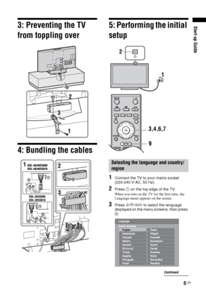 Page 55 GB
Start-up Guide3: Preventing the TV 
from toppling over
4: Bundling the cables
5: Performing the initial 
setup
1Connect the TV to your mains socket 
(220-240 V AC, 50 Hz).
2Press 1 on the top edge of the TV.
When you turn on the TV for the first time, the 
Language menu appears on the screen.
3Press F/f/G/g to select the language 
displayed on the menu screens, then press 
.
Selecting the language and country/
region
3,4,6,7
9
Continued
 