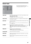 Page 2525 GB
Using MENU Functions
Screen menu
You can select the options listed below on the 
“Screen” menu. To select options in “Settings”, refer 
to “Navigating through menus” (page 20).
Target InputsSelects whether to apply settings made in the “Screen” menu to all inputs, or only to 
the input currently being watched.
“All”: Applies settings to all inputs.
“Viewing Only”: Applies settings only to the current input.
Screen FormatFor details about the screen format, see “To change the screen format manually...