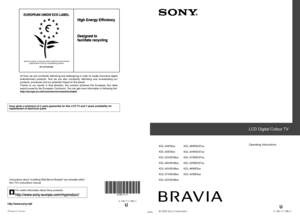 Page 1
Printed in Spain4-136-111-
11(1)
U
For useful information about Sony products
Instructions about “Installing Wall Mount Bracket” are included within 
this TV’s instructions manual

Award to goods or services which meet the environmental
requirements of the EU ecolabelling scheme
ES-CAT/022/002
At Sony we are constantly rethinking and redesigning in order to create innovative digital
entertainment products. And we are also constantly rethinking and re-evaluating our
products, processes and our potential...
