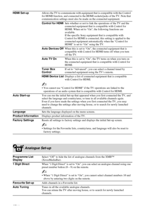 Page 40C:\Documents and Settings\Dolors\Mis documentos\€9\EX2L_CORREC 
PARAL\11_UK_EX2L\MEN.fmmasterpage:Left
40 GB
KDL-52/46/40/37/32V5500
x-xxx-xxx-xx(x) HDMI Set-upAllows the TV to communicate with equipment that is compatible with the Control 
for HDMI function, and connected to the HDMI sockets/jacks of the TV. Note that 
communication settings must also be made on the connected equipment.
Control for HDMISets whether or not to link the operations of the TV and the 
connected equipment that is compatible...