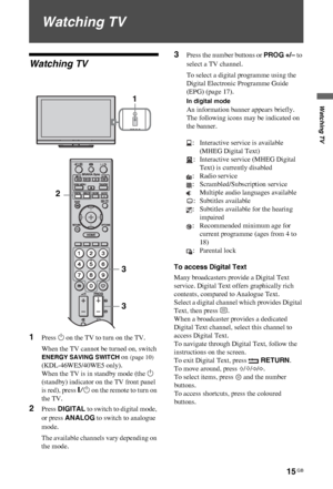 Page 1515 GB
C:\Documents and Settings\All Users\Documentos\SONY TELES\00 
MARTA_DTP IMDB\EX2L\4136111141\4136111141\060WAT.fmmasterpage:Left
KDL-52/46/40/37/32V5500
x-xxx-xxx-xx(x)
Watching TV
Watching TV
Watching TV
1Press 1 on the TV to turn on the TV.
When the TV cannot be turned on, switch 
ENERGY SAVING SWITCH on (page 10) 
(KDL-46WE5/40WE5 only).
When the TV is in standby mode (the 1 
(standby) indicator on the TV front panel 
is red), press "/1 on the remote to turn on 
the TV.
2Press DIGITAL to...