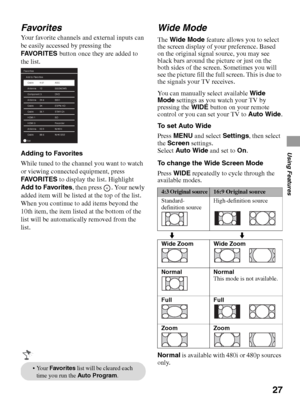 Page 2727
Using Features
Favorites
Your favorite channels and external inputs can 
be easily accessed by pressing the 
FAVO R I T E S  button once they are added to 
the list. 
Adding to Favorites
While tuned to the channel you want to watch 
or viewing connected equipment, press 
FAVO R I T E S to display the list. Highlight 
Add to Favorites, then press  . Your newly 
added item will be listed at the top of the list. 
When you continue to add items beyond the 
10th item, the item listed at the bottom of the...