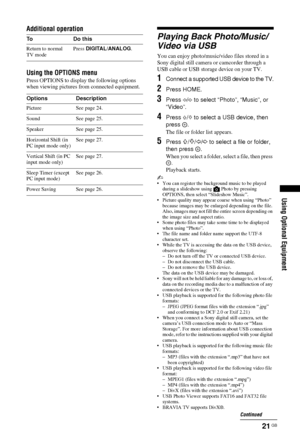 Page 2121 GB
Using Optional Equipment
Additional operation
Using the OPTIONS menu
Press OPTIONS to display the following options 
when viewing pictures from connected equipment.
Playing Back Photo/Music/
Video via USB
You can enjoy photo/music/video files stored in a 
Sony digital still camera or camcorder through a 
USB cable or USB storage device on your TV.
1Connect a supported USB device to the TV.
2Press HOME.
3Press G /g to select “Photo”, “Music”, or 
“Video”.
4Press F /f to select a USB device, then...