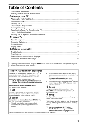 Page 33
Table of Contents
Checking the accessories..............................................................................................................4
Inserting batteries into the remote control .....................................................................................4
Setting up your TV
Attaching the Table-Top Stand ......................................................................................................5
Connecting the TV...