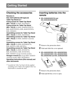 Page 66GB
D:\Cmengs JOB\SONY TV\SY0331_V2 (Rev-3)\4268265141_GB\GB03STU.fm
KDL-EX723/EX720/EX523/EX520/EX423/EX420/CX523/CX520
4-268-265-14(1)
Checking the accessories
Remote (1)
Size AAA batteries (R3 type) (2)
Table-Top Stand (1)*
1
Fixing screws for Table-Top Stand 
(M4 × 12) (2) (for KDL-26/22EX42x)
Fixing screws for Table-Top Stand 
(M5 × 16) (3) (for KDL-55/46/40/32EX72x, 
KDL-46/40/32EX52x, KDL-46/40/32CX52x, 
KDL-32EX420)
Assembling screws for Table-Top Stand 
(M4 × 12) (2) (for KDL-26/22EX42x)...