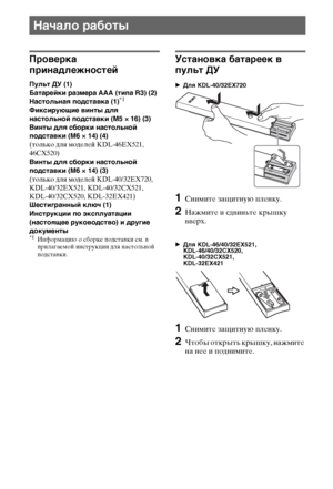 Page 88RU
Проверка 
принадлежностей
Пульт ДУ (1)
Батарейки размера AAA (типа R3) (2)
Настольная подставка (1)
*1
Фиксирующие винты для 
настольной подставки (M5 × 16) (3)
Винты для сборки настольной 
подставки (M6 × 14) (4)
(только для моделей KDL-46EX521, 
46CX520)
Винты для сборки настольной 
подставки (M6 × 14) (3)
(только для моделей KDL-40/32EX720, 
KDL-40/32EX521, KDL-40/32CX521, 
KDL-40/32CX520, KDL-32EX421)
Шестигранный ключ (1)
Инструкции по эксплуатации 
(настоящее руководство) и другие 
документы...