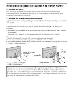 Page 1212FR
Installation des accessoires (Support de fixation murale)
À l’attention des clients :
Pour des raisons de protection du produit et de sécurité, Sony recommande vivement que 
l’installation de votre téléviseur soit effectuée par un revendeur Sony ou un installateur agréé. 
N’essayez pas de l’installer vous-même.
À l’attention des revendeurs Sony et installateurs :
Apportez une attention toute particulière pendant l’installation, l’entretien périodique et le contrôle 
de ce produit.
Votre téléviseur...