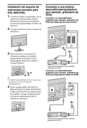 Page 204ES
Instalación del soporte de 
sobremesa (excepto para 
KDL-60EX700)
1Consulte el folleto suministrado con el 
soporte de sobremesa para obtener 
información acerca de la instalación 
correcta para determinados modelos de 
televisor.
2Coloque el televisor sobre el soporte de 
sobremesa.
3Fije el televisor en el soporte de 
sobremesa mediante los tornillos 
suministrados de acuerdo con las 
flechas   que indican los orificios 
correspondientes.
~
Si utiliza un destornillador eléctrico, ajuste el par 
de...