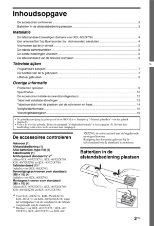 Page 353NL
NL
Inhoudsopgave
De accessoires controleren ........................................................................................................... 3
Batterijen in de afstandsbediening plaatsen .................................................................................. 3
Installatie
De tafelstandaard bevestigen (behalve voor KDL-60EX700) ........................................................ 4
Een antenne/Set Top Box/recorder (bv. dvd-recorder) aansluiten...