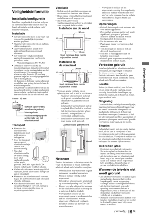 Page 4715NL
Veiligheidsinformatie
Installatie/configuratie
Installeer en gebruik de televisie volgens 
de instructies hieronder om het risico op 
brand, elektrische schok, schade en/of 
letsel te vermijden.
Installatie Het televisietoestel moet in de buurt van 
een goed toegankelijk stopcontact 
worden geplaatst.
 Plaats het televisietoestel op een stabiele, 
vlakke ondergrond.
 Laat wandinstallaties alleen door 
gekwalificeerd servicepersoneel 
uitvoeren.
 Het wordt om veiligheidsredenen 
aanbevolen...