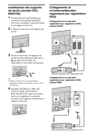 Page 524IT
Installazione del supporto 
da tavolo (eccetto KDL-
60EX700)
1Per informazioni sull’installazione 
corretta per determinati modelli di 
televisore, consultare l’opuscolo fornito 
con il supporto da tavolo.
2Collocare il televisore sul supporto da 
tavolo.
3Fissare il televisore sul supporto da 
tavolo facendo riferimento alle frecce 
 riportate sui fori delle viti, 
utilizzando le viti fornite in dotazione.
~
Qualora si utilizzi un cacciavite elettrico, 
impostare la coppia di serraggio a circa 1,5...