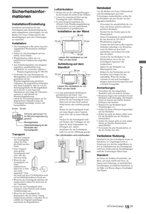 Page 8115DE
Sicherheitsinfor-
mationen
Installation/EinstellungInstallieren und benutzen Sie das 
Fernsehgerät unter Berücksichtigung der 
unten angegebenen Anweisungen, um alle 
Risiken wie Feuer, Elektroschock oder 
Beschädigungen und /oder Verletzungen 
zu vermeiden.
Installation Das Fernsehgerät sollte neben einer frei 
zugänglichen Netzsteckdose installiert 
werden.
 Stellen Sie das Fernsehgerät auf eine 
stabile, ebene Fläche.
 Wandeinbauten sollten nur von 
qualifiziertem Fachpersonal ausgeführt...