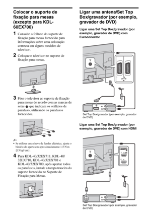 Page 864PT
Colocar o suporte de 
fixação para mesas 
(excepto para KDL-
60EX700)
1Consulte o folheto do suporte de 
fixação para mesas fornecido para 
informações sobre uma colocação 
correcta em alguns modelos de 
televisor.
2Coloque o televisor no suporte de 
fixação para mesas.
3Fixe o televisor ao suporte de fixação 
para mesas de acordo com as marcas de 
setas   que indicam os orifícios de 
parafuso, utilizando os parafusos 
fornecidos. 
~
Se utilizar uma chave de fendas eléctrica, ajuste o 
binário de...