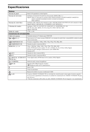 Page 2810ES
Especificaciones
Sistema
Sistema de panel
Panel LCD (pantalla de cristal líquido)
Sistema de televisiónAnalógico: En función del país/zona seleccionado: B/G/H, D/K, L, I
Digital: DVB-T2 (sólo para los modelos KDL-60EX703/55EX713/52EX703/46EX713/46EX703/
40EX713/40EX703/40EX603/32EX713/32EX703/32EX603)
DVB-T/DVB-C
Sistema de color/vídeoAnalógico: PAL, PAL60 (sólo entrada de vídeo), SECAM, NTSC3.58, NTSC4.43 (sólo entrada de vídeo)
Digital: MPEG-2 MP@ML/HL, H.264/MPEG-4 AVC MP/HP@L4
Cobertura de...