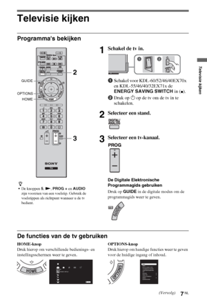 Page 417NL
Televisie kijken
Programmas bekijken
De functies van de tv gebruiken
HOME-knop
Druk hierop om verschillende bedienings- en 
instellingsschermen weer te geven.OPTIONS-knop
Druk hierop om handige functies weer te geven 
voor de huidige ingang of inhoud.
z
De knoppen 5, N, PROG + en AUDIO 
zijn voorzien van een voelstip. Gebruik de 
voelstippen als richtpunt wanneer u de tv 
bedient.
1Schakel de tv in.
1Schakel voor KDL-60/52/46/40EX70x 
en KDL-55/46/40/32EX71x de 
ENERGY SAVING SWITCH in (
z).
2Druk op...