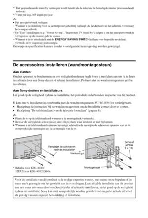 Page 4612NL
*1Het gespecificeerde stand-by vermogen wordt bereikt als de televisie de benodigde interne processen heeft 
voltooid.
*
24 uur per dag, 365 dagen per jaar
~
Het energieverbruik verlagen
–Wanneer u de instelling voor de achtergrondverlichting verlaagt (de helderheid van het scherm), vermindert 
het energieverbruik.
–De Eco-instellingen (e.g. Power Saving, Inactiviteit TV Stand-by) helpen u om het energieverbruik te 
verlagen en op die manier geld te sparen.
–Wanneer u de tv uitschakelt met de ENERGY...