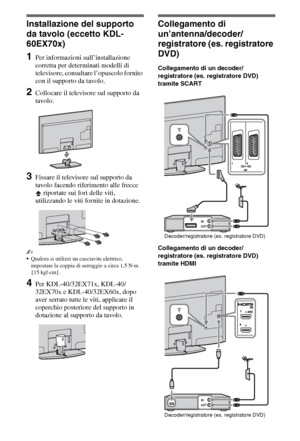 Page 544IT
Installazione del supporto 
da tavolo (eccetto KDL-
60EX70x)
1Per informazioni sull’installazione 
corretta per determinati modelli di 
televisore, consultare l’opuscolo fornito 
con il supporto da tavolo.
2Collocare il televisore sul supporto da 
tavolo.
3Fissare il televisore sul supporto da 
tavolo facendo riferimento alle frecce 
 riportate sui fori delle viti, 
utilizzando le viti fornite in dotazione.
~
Qualora si utilizzi un cacciavite elettrico, 
impostare la coppia di serraggio a circa 1,5...