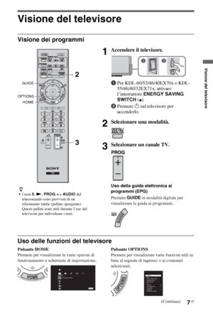 Page 577IT
Visione del televisore
Visione dei programmi
Uso delle funzioni del televisore
Pulsante HOME
Premere per visualizzare le varie opzioni di 
funzionamento e schermate di impostazione.Pulsante OPTIONS
Premere per visualizzare varie funzioni utili in 
base al segnale di ingresso o ai contenuti 
selezionati.
z
I tasti 5, N, PROG + e AUDIO del 
telecomando sono provvisti di un 
riferimento tattile (pallino sporgente). 
Questi pallini sono utili durante l’uso del 
televisore per individuare i tasti....