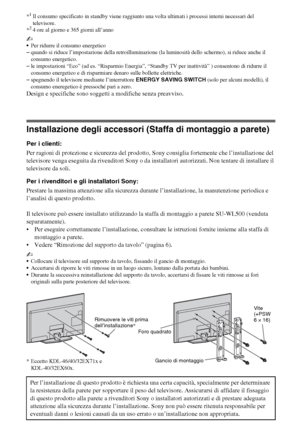 Page 6212IT
*1Il consumo specificato in standby viene raggiunto una volta ultimati i processi interni necessari del 
televisore.
*
24 ore al giorno e 365 giorni all’anno
~
Per ridurre il consumo energetico
–quando si riduce l’impostazione della retroilluminazione (la luminosità dello schermo), si riduce anche il 
consumo energetico.
–le impostazioni “Eco” (ad es. “Risparmio Energia”, “Standby TV per inattività” ) consentono di ridurre il 
consumo energetico e di risparmiare denaro sulle bollette elettriche....