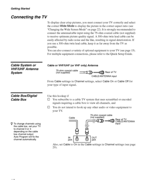 Page 12Getting Started
12
Connecting the TV
To display clear crisp pictures, you must connect your TV correctly and select 
the correct 
Wide Mode to display the picture in the correct aspect ratio (see 
“Changing the Wide Screen Mode” on page 22). It is strongly recommended to 
connect the antenna/cable input using the 75-ohm coaxial cable (not supplied) 
to receive optimum picture quality signal. A 300-ohm twin lead cable can be 
easily affected by radio noise and the like, resulting in signal deterioration....