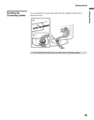 Page 19Getting Started
19
Getting Started
Bundling the 
Connecting CablesYou can bundle the connecting cables with the supplied cable band as 
illustrated below.
Do not bundle the AC power cord with other connecting cables.
 