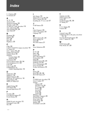 Page 4040
Index
0 - 9 buttons 234:3 Default 27
AAC IN 16Advanced 34Advanced Settings 34Alternate Audio 26AUDIO OUT jack, described 16Auto Adjustment 28Auto Program 20, 29Auto Wide 27
B
Backlight 25Balance 26Basic 34Bass 26Brightness 25
C
Cable 29CABLE/ANTENNA input, described 16CC button 21CH+/– button 23, 24Change Password 31Channel Block 30Channels
Creating labels 33Setting up 20CineMotion 34Closed caption modes 33, 34Closed Captions (CC) 33Color 25Color Temp 25COMPONENT IN 
(1080i/720p/480p/480i) 16...