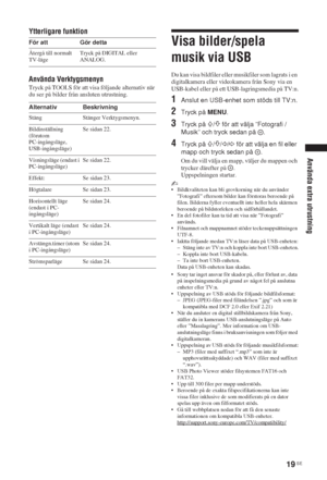 Page 19719 SE
Använda extra utrustning
Ytterligare funktion
Använda Verktygsmenyn
Tryck på TOOLS för att visa följande alternativ när 
du ser på bilder från ansluten utrustning.
Visa bilder/spela 
musik via USB
Du kan visa bildfiler eller musikfiler som lagrats i en 
digitalkamera eller videokamera från Sony via en 
USB-kabel eller på ett USB-lagringsmedia på TV:n.
1Anslut en USB-enhet som stöds till TV:n.
2Tryck på MENU.
3Tryck på F/f för att välja ”Fotografi / 
Musik” och tryck sedan på  .
4Tryck på F/f/G/g...