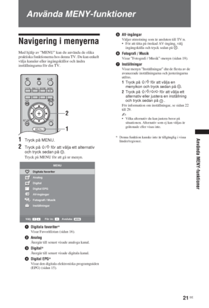 Page 19921 SE
Använda MENY-funktioner
Använda MENY-funktioner
Navigering i menyerna
Med hjälp av ”MENU” kan du använda de olika 
praktiska funktionerna hos denna TV. Du kan enkelt 
välja kanaler eller ingångskällor och ändra 
inställningarna för din TV.
1Tryck på MENU.
2Tryck på F/f för att välja ett alternativ 
och tryck sedan på  .
Tryck på MENU för att gå ur menyn.
1Digitala favoriter*
Visar Favoritlistan (sidan 16).
2Analog
Återgår till senast visade analoga kanal.
3Digital*
Återgår till senast visade...