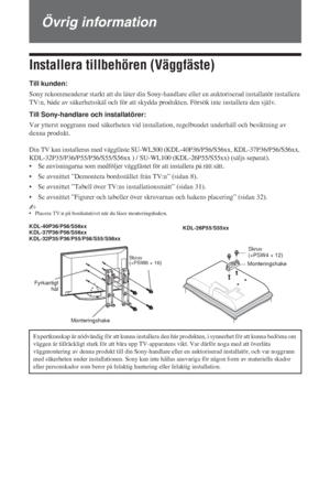 Page 20830 SE
Övrig information
Installera tillbehören (Väggfäste)
Till kunden:
Sony rekommenderar starkt att du låter din Sony-handlare eller en auktoriserad installatör installera 
TV:n, både av säkerhetsskäl och för att skydda produkten. Försök inte installera den själv.
Till Sony-handlare och installatörer:
Var ytterst noggrann med säkerheten vid installation, regelbundet underhåll och besiktning av 
denna produkt.
Din TV kan installeras med väggfäste SU-WL500 (KDL-40P36/P56/S56xx, KDL-37P36/P56/S56xx,...