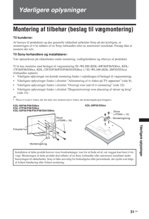 Page 3131 DK
Yderligere oplysninger
Yderligere oplysninger
Montering af tilbehør (beslag til vægmontering)
Til kunderne:
Af hensyn til produktets og den generelle sikkerhed anbefaler Sony på det kraftigste, at 
monteringen af tvet udføres af en Sony-forhandler eller en autoriseret installatør. Forsøg ikke at 
montere det selv.
Til Sony-forhandlere og installatører:
Vær opmærksom på sikkerheden under montering, vedligeholdelse og eftersyn af produktet.
Tvet kan monteres med beslaget til vægmontering SU-WL500...