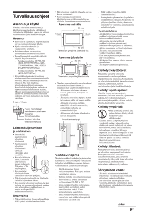 Page 459 FI
Turvallisuusohjeet
Asennus ja käyttöNoudata television asennuksessa ja 
käytössä seuraavia ohjeita välttääksesi 
tulipalon tai sähköiskun vaaran tai laitteen 
vaurioitumisen ja/tai henkilövahingot.
Asennus• Televisio on sijoitettava helposti käsillä 
olevan verkkopistorasian lähelle.
• Sijoita televisio tukevalle ja 
vaakasuoralle alustalle.
• Seinäasennuksen saa suorittaa 
ainoastaan asiantunteva henkilöstö.
• Turvallisuussyistä on erittäin tärkeää 
käyttää Sonyn varusteita:
– Seinäasennusteline...