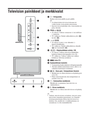 Page 4812 FI
Television painikkeet ja merkkivalot
11 – Virtapainike
Kytkee television päälle ja pois päältä.
~
• Jos haluat kytkeä television kokonaan irti 
verkkovirrasta, irrota pistoke pistorasiasta.
• Kun televisioon kytketään virta, virran merkkivalo 
palaa vihreänä.
2PROG +/-/ /
• TV-tilassa: Valitsee seuraavan (+) tai edellisen 
(-) kanavan.
• TV-valikossa: Siirtää vaihtoehdoissa ylös ( ) 
tai alas ( ).
32 +/-/ /
• TV-tilassa: Lisää (+) tai vähentää (-) 
äänenvoimakkuutta.
• TV-valikossa: Siirtää...