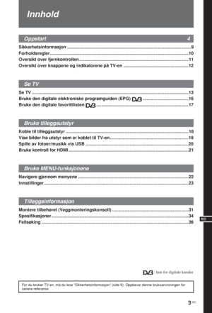 Page 733 NO
NO
Sikkerhetsinformasjon .....................................................................................................9
Forholdsregler .................................................................................................................10
Oversikt over fjernkontrollen .........................................................................................11
Oversikt over knappene og indikatorene på TV-en .....................................................12
Se TV...