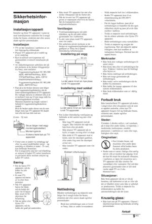 Page 799 NO
Sikkerhetsinfor-
masjon
Installasjon/oppsettInstaller og bruk TV-apparatet i samsvar 
med instruksjonene nedenfor for å unngå 
risiko for brann, elektrisk støt eller annen 
skade og/eller personskader.
Installasjon• TV-en bør installeres i nærheten av en 
lett tilgjengelig stikkontakt.
• Plasser TV-apparatet på et stabilt og 
jevnt underlag.
• Kun kvalifisert serviceperson må 
gjennomføre eventuell installasjon på 
vegg.
• Av sikkerhetsgrunner anbefales det på 
det sterkeste at du bruker...