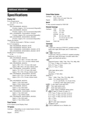 Page 36
36 GB
Specifications
Display Unit
Power Requirements:220–240 V AC, 50 Hz
Screen Size: KDL-46S2000/KDL-46S2010:46 inches (Approx. 116.9 cm measured diagonally)
KDL-40S2000/KDL-40S2010:  40 inches (Approx. 101.6 cm measured diagonally)
KDL-32S2000/KDL-32S2010/KDL-32S2020: 
32 inches (Approx. 80.1 cm measured diagonally)
KDL-26S2000/KDL-26S2010/KDL-26S2020:  26 inches (Approx. 66.1 cm measured diagonally)
Display Resolution: 1,366 dots (horizontal) × 768 lines (vertical)
Power Consumption:...