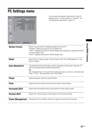 Page 27
27 GB
KDL-46/40/32S25102-670-908- 43(1)
Using MENU Functions
PC Settings menu
You can select the options  listed below on the PC 
Settings menu. To select options in “Settings”, see 
“Navigating through menus” (page 19).
Screen FormatSelects a screen mode for disp laying input from your PC.
“Normal”: Displays the pict ure in its original size.
“Full1”: Enlarges the picture to fill the di splay area, keeping its original horizontal-
to-vertical aspect ratio.
“Full2”: Enlarges the picture to fill the...