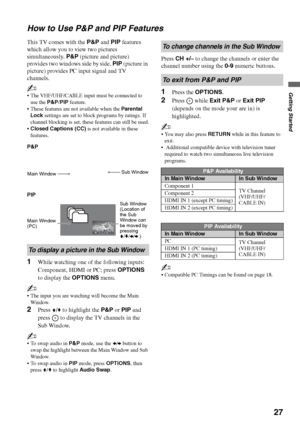 Page 27F:\Worker\SONY WAX3 EN 17(1)\3196472171(071107)\050GET.fmmasterpage:Right
27
Getting Started
KDL-26S3000/KDL-32S3000/KDL-40S3000/KDL-46S3000/
KDL-32SL130/KDL-40SL130
How to Use P&P and PIP Features
This TV comes with the P&P and PIP features 
which allow you to view two pictures 
simultaneously. P&P (picture and picture) 
provides two windows side by side. PIP (picture in 
picture) provides PC input signal and TV 
channels.
~
 The VHF/UHF/CABLE input must be connected to 
use the P&P/PIP feature.
 These...