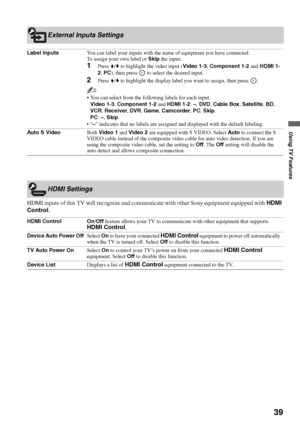 Page 39F:\Worker\SONY WAX3 EN 17(1)\3196472171(071107)\060USE.fmmasterpage:Right
39
Using TV Features
KDL-26S3000/KDL-32S3000/KDL-40S3000/KDL-46S3000/
KDL-32SL130/KDL-40SL130
HDMI inputs of this TV will recognize and communicate with other Sony equipment equipped with HDMI 
Control.
External Inputs Settings
Label InputsYou can label your inputs with the name of equipment you have connected. 
To assign your own label or Skip the input:
1Press V/v to highlight the video input (Video 1-3, Component 1-2 and HDMI...