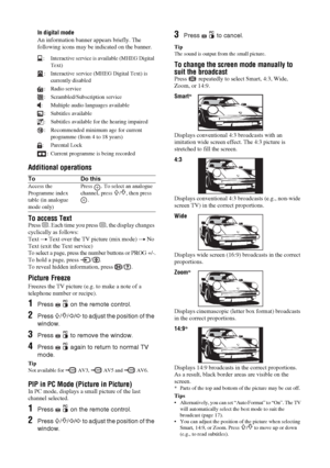 Page 1212
 GBIn digital mode
An information banner appears briefly. The 
following icons may be indicated on the banner. 
Additional operations
To access TextPress /. Each time you press /, the display changes 
cyclically as follows:
Text t Text over the TV picture (mix mode) t No 
Text (exit the Text service)
To select a page, press the number buttons or PROG +/-.
To hold a page, press  / .
To reveal hidden information, press  / .Picture FreezeFreezes the TV picture (e.g. to make a note of a 
telephone number...