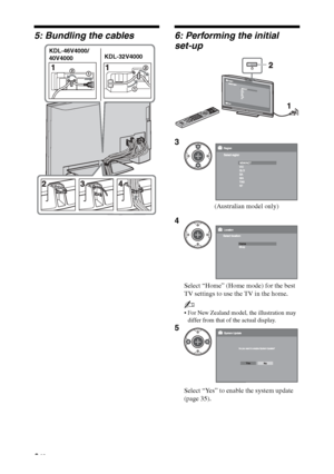 Page 6
6 GB
5: Bundling the cables6: Performing the initial 
set-up
KDL-46V4000/
40V4000KDL-32V4000
3
(Australian model only)
4
Select “Home” (Home mode) for the best 
TV settings to use the TV in the home.
~
 For New Zealand model, the illustration may 
differ from that of the actual display.
5
Select “Yes” to enable the system update 
(page 35).
 